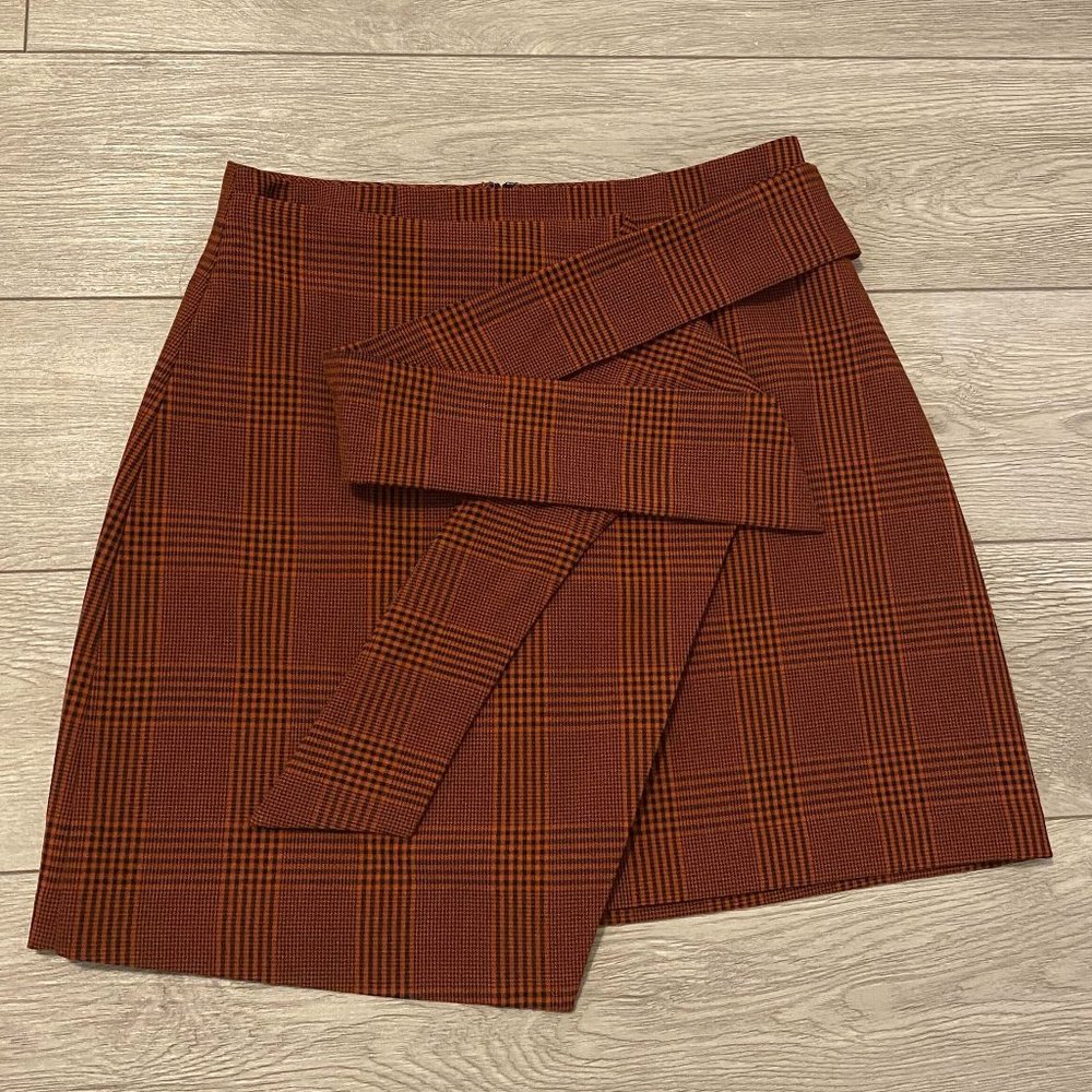 Aritzia faux-wrap plaid mini skirt